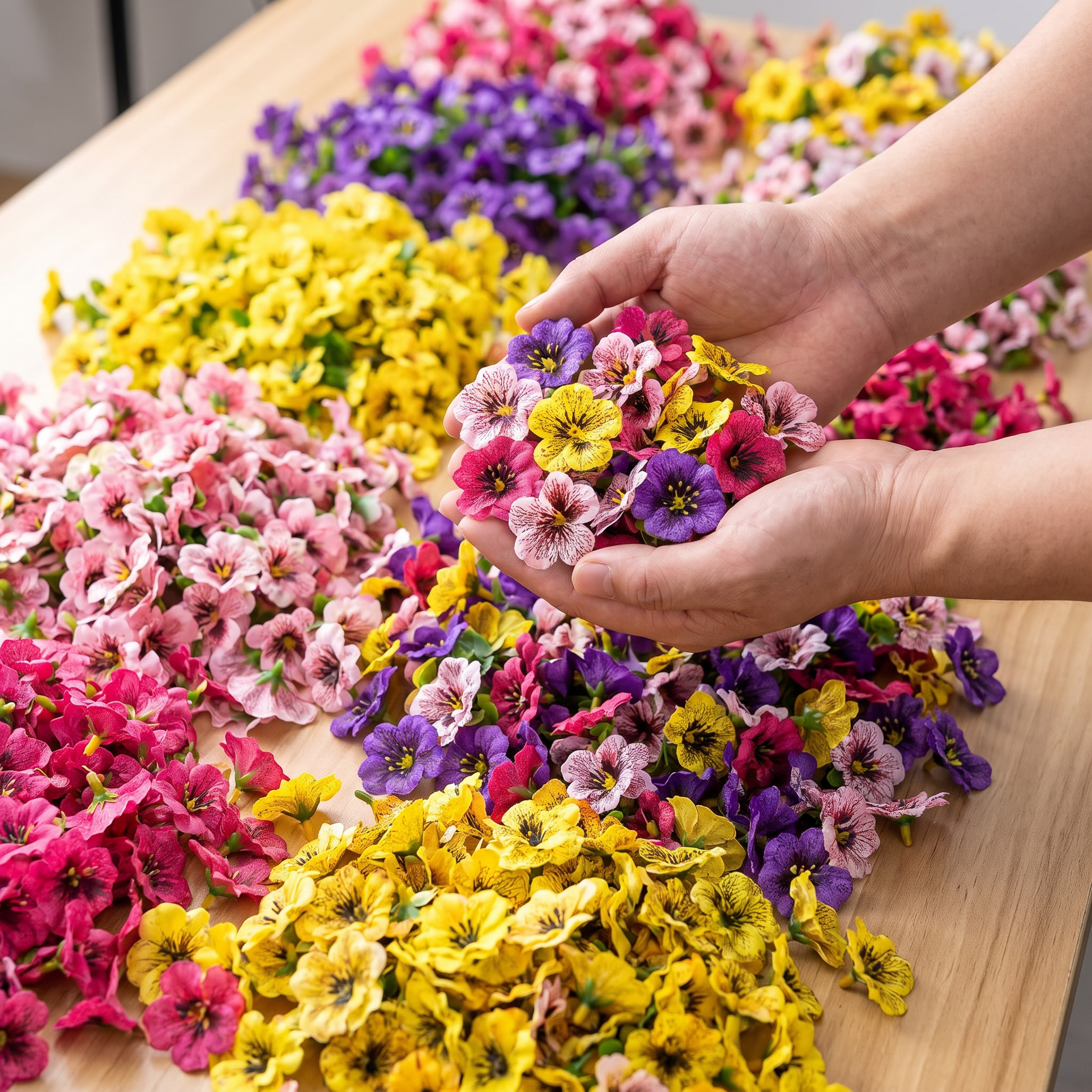 Grote hoeveelheid kunstbloemen uitgestald op een tafel