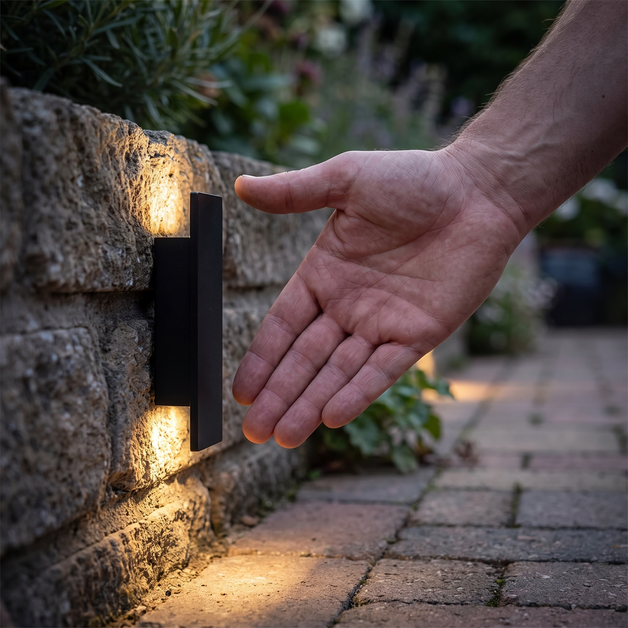 Kleine 2W wandlamp buiten op een tuinmuur naast een hand