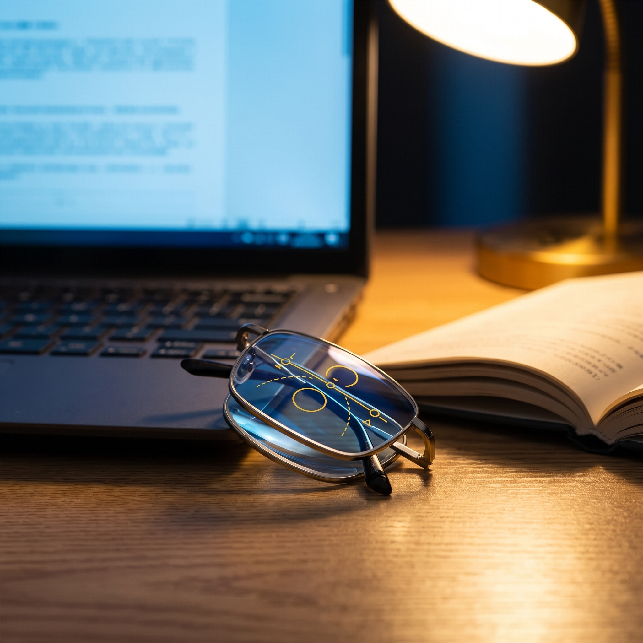 Multifocale bril opgevouwen naast een laptop op een bureau