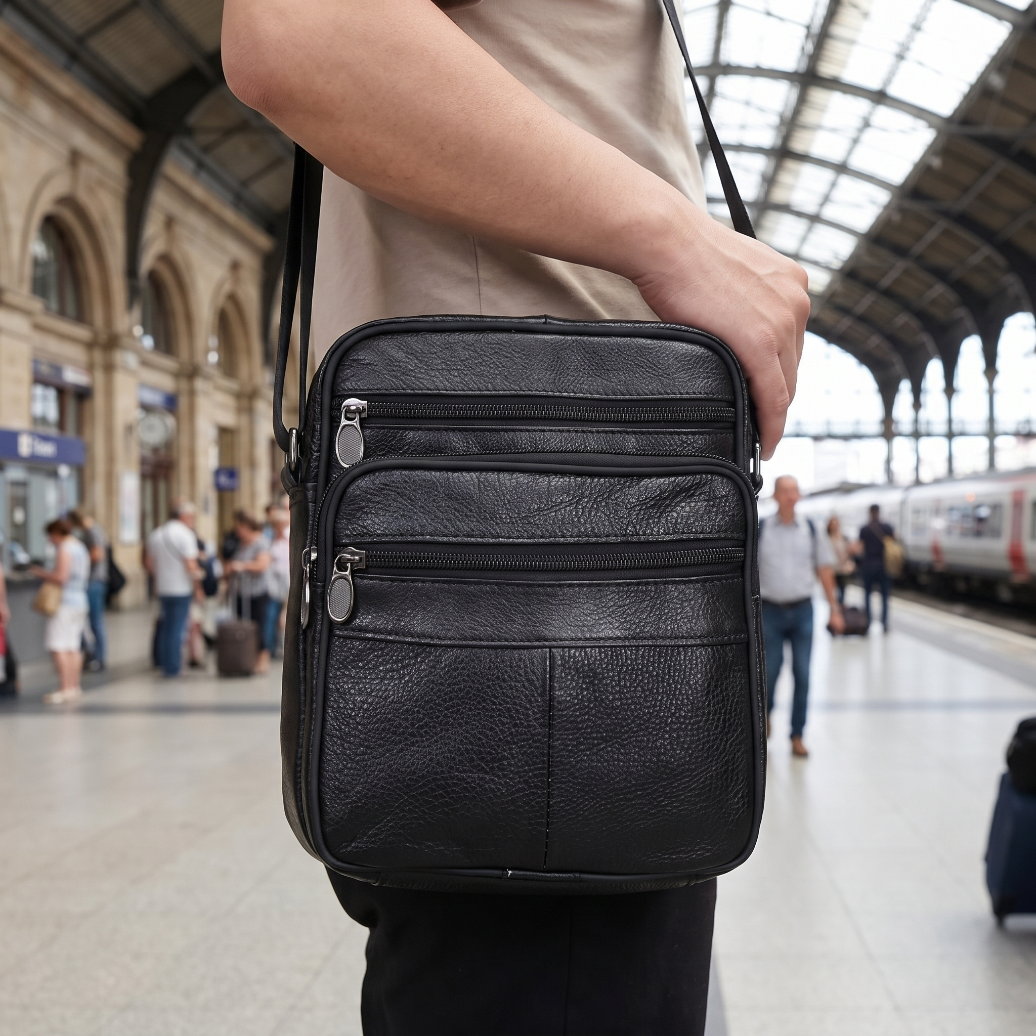 Leren schoudertas gedragen crossbody in een stationshal