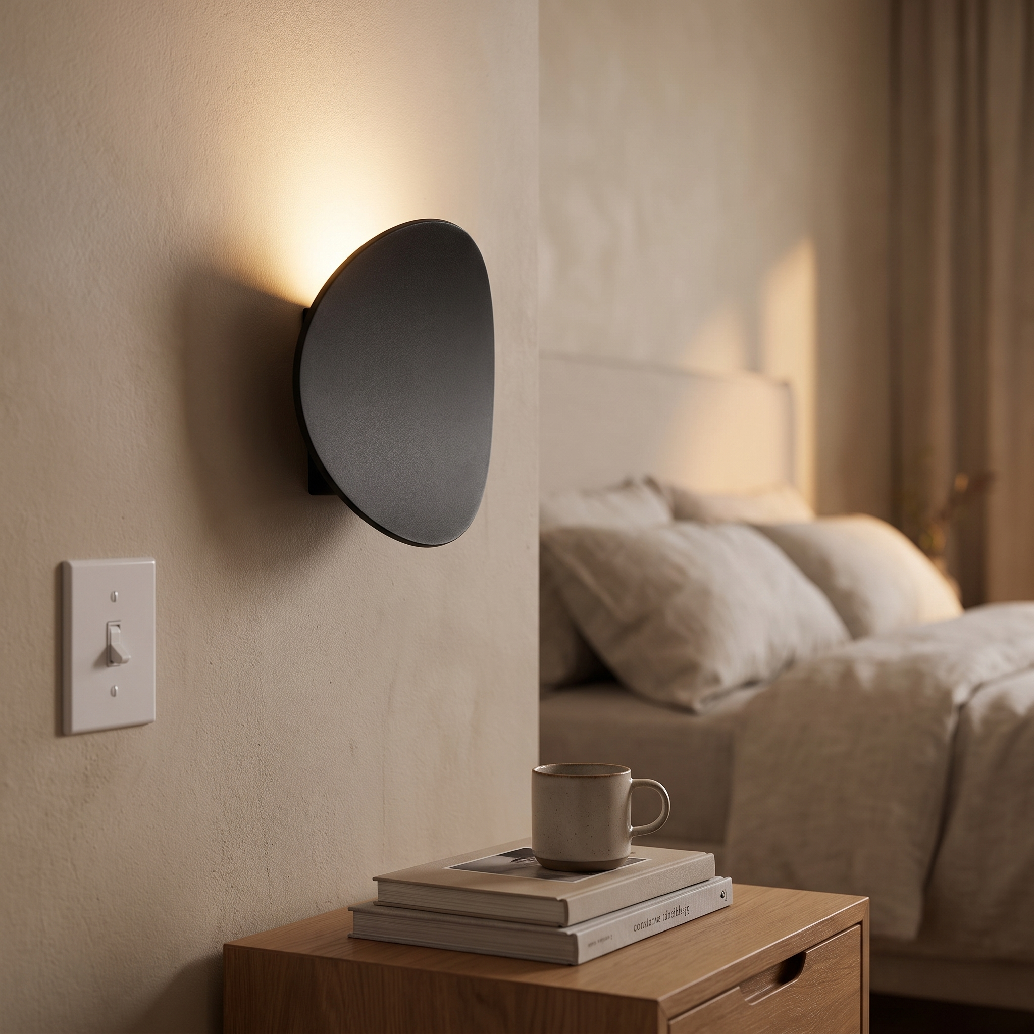 Ronde aluminium wandlamp boven een nachtkastje in een slaapkamer