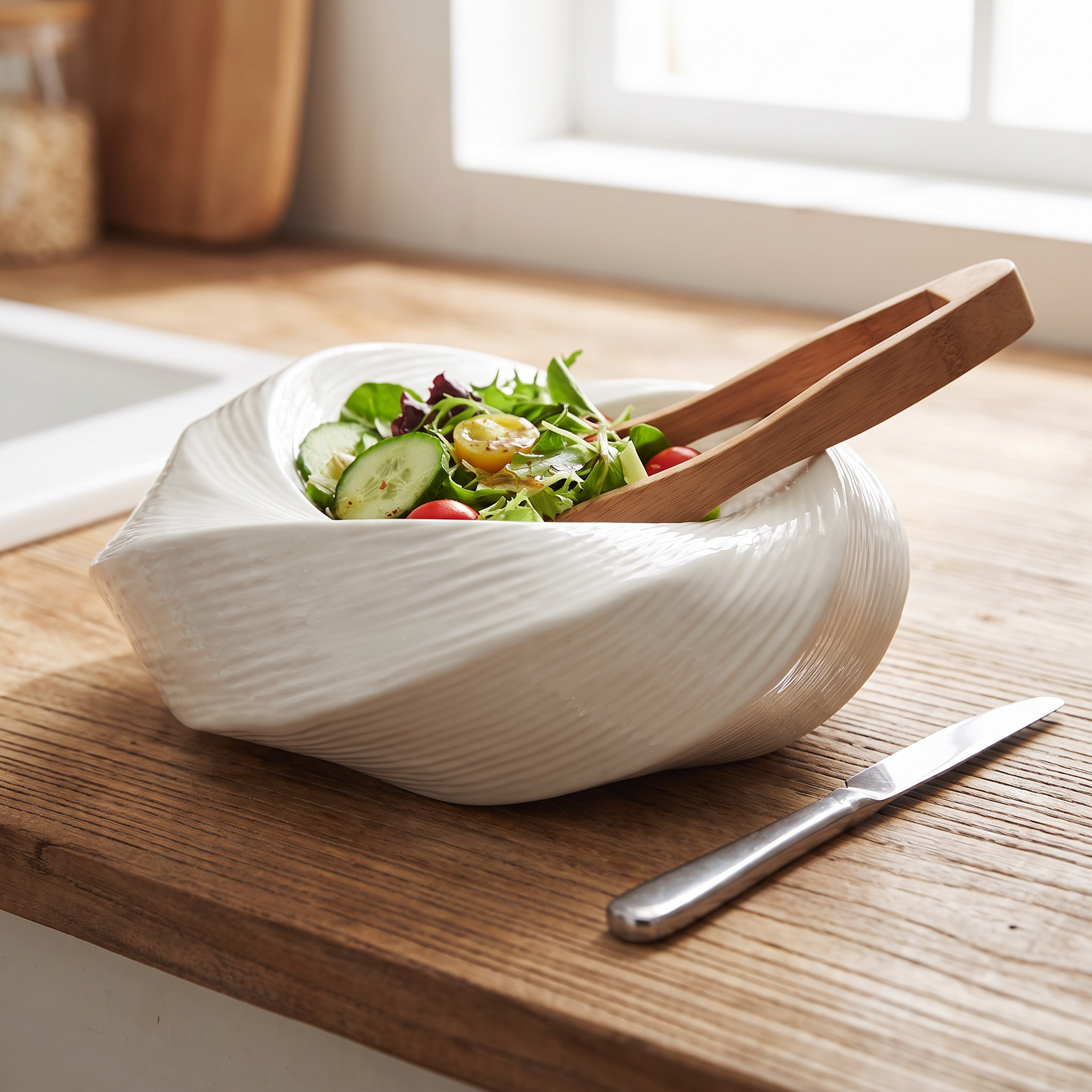 Keramische saladeschaal van 23 cm met salade op een keukenblad