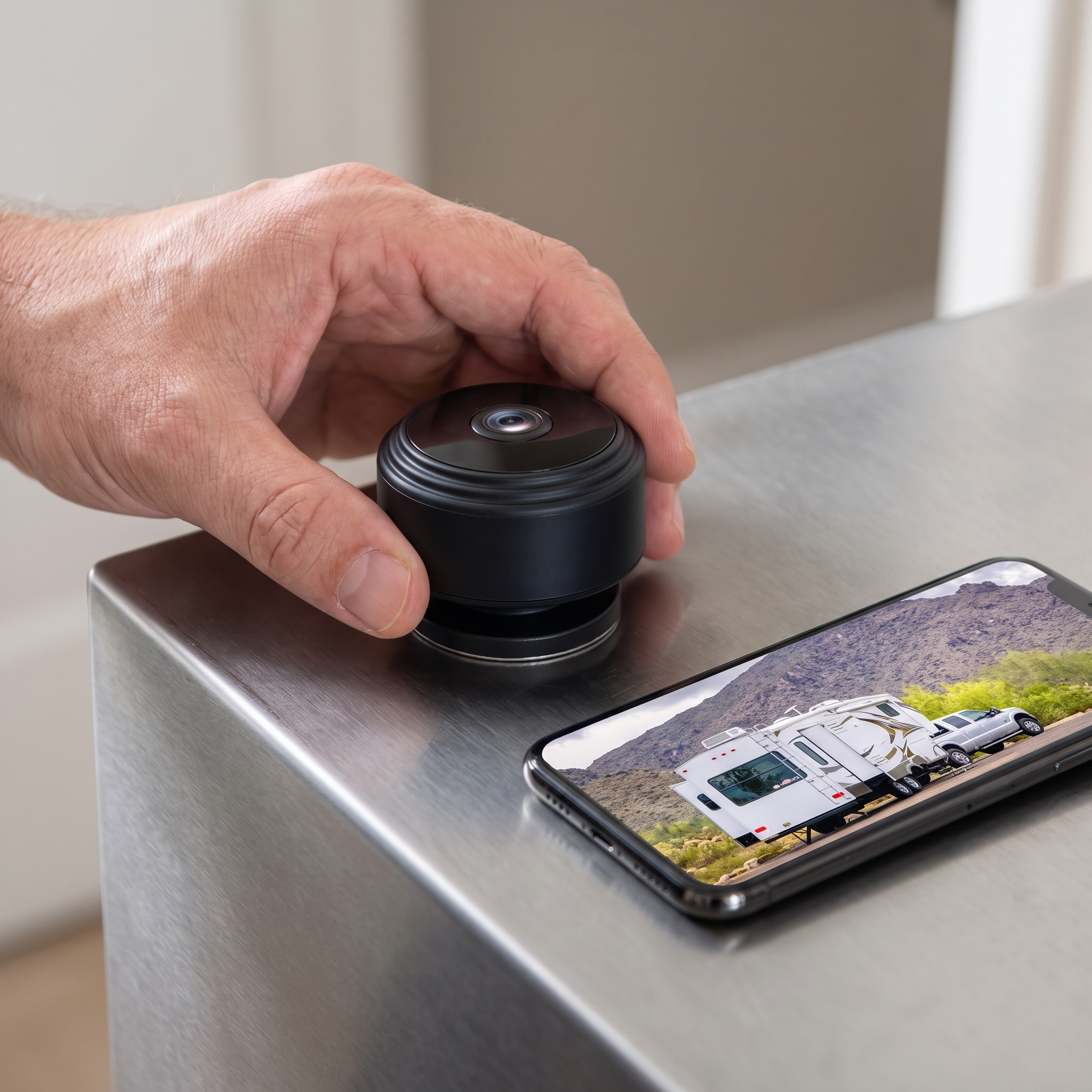Draadloze magnetische camera in de hand naast een telefoon met live beeld