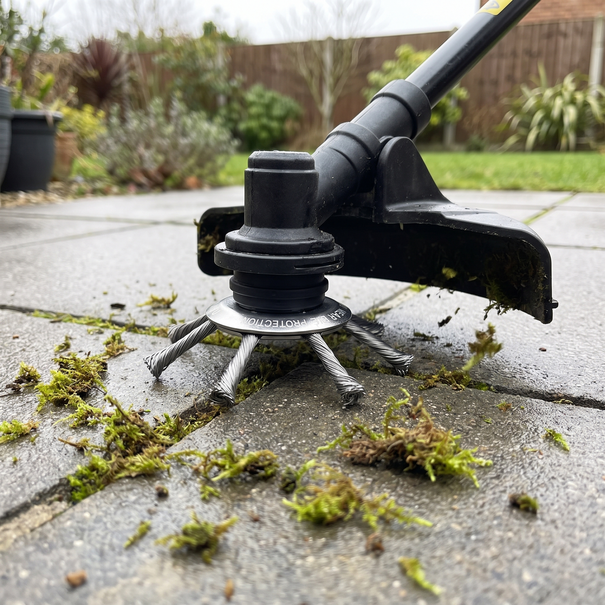 Stalen onkruidborstel op een trimmer langs de voegen van een terras