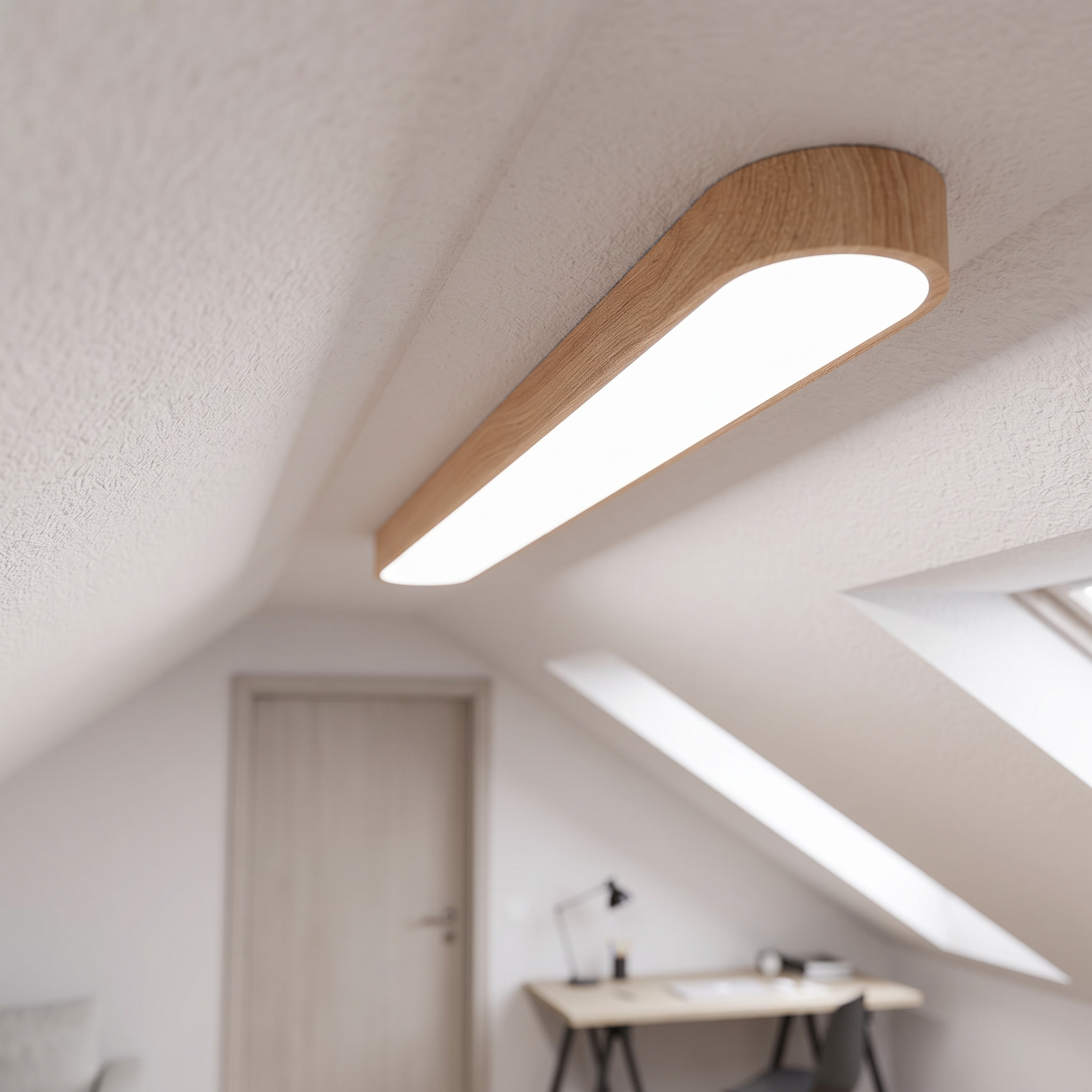 Langwerpige LED plafondlamp 90 cm op schuin zolderplafond