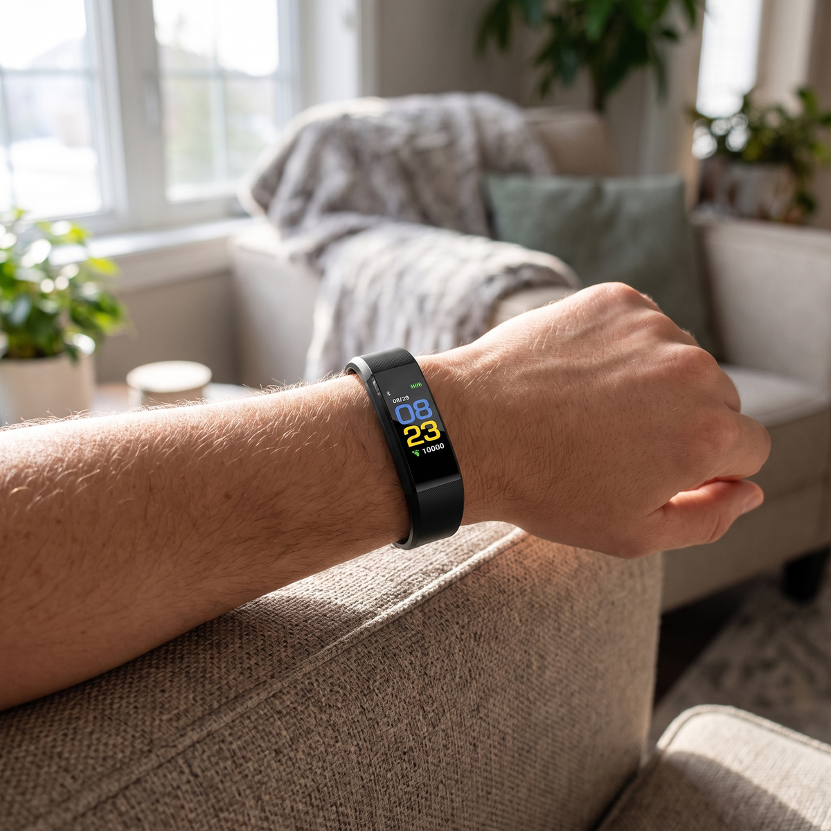 Smartwatch met valdetectie gedragen om de pols thuis