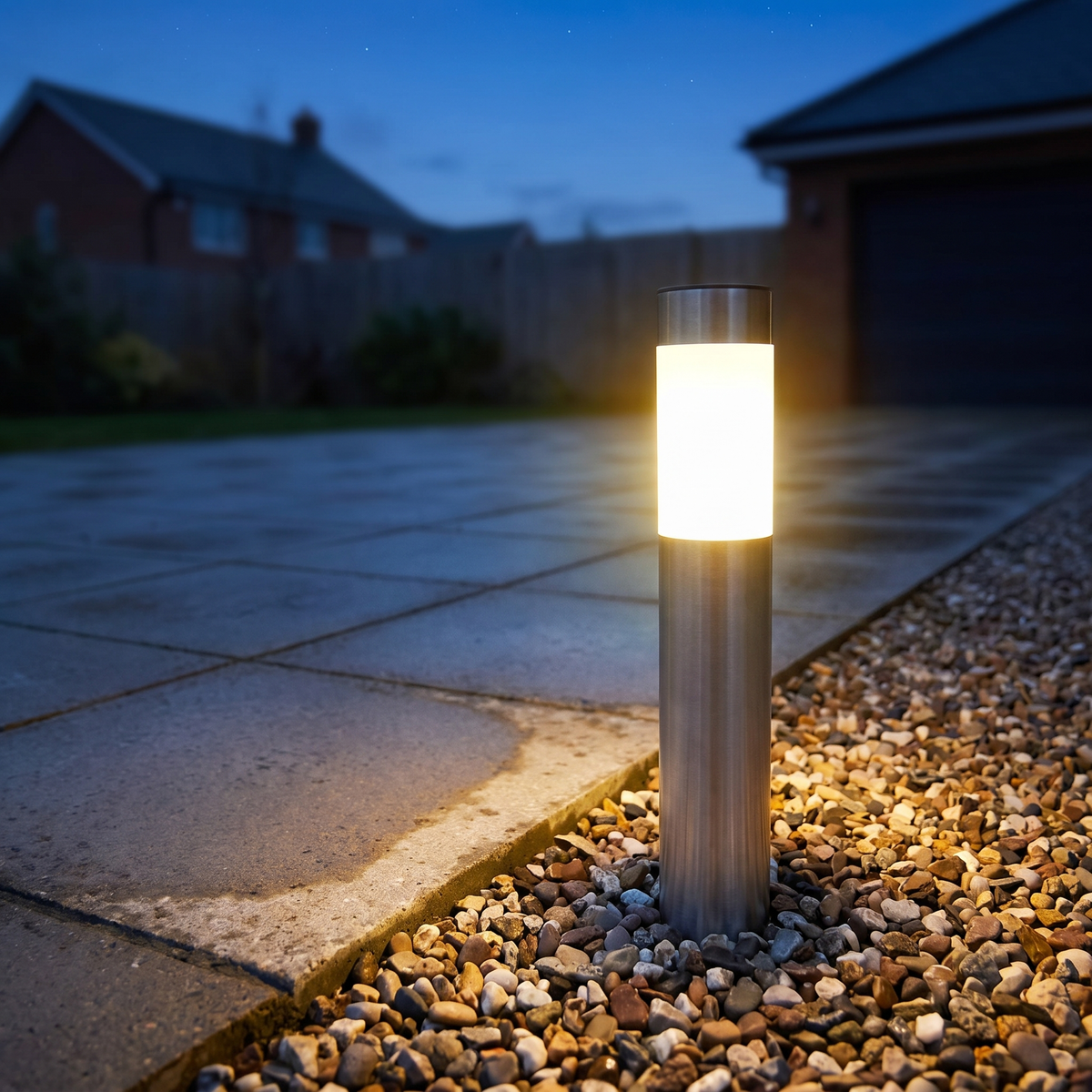 Solar tuinverlichting langs een oprit in de schemering