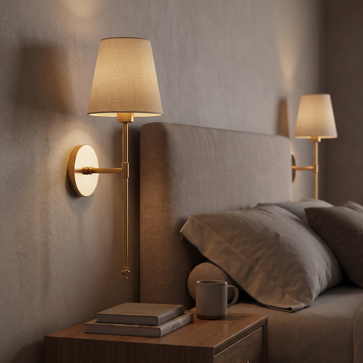 Draadloze wandlamp in de slaapkamer naast het hoofdbord