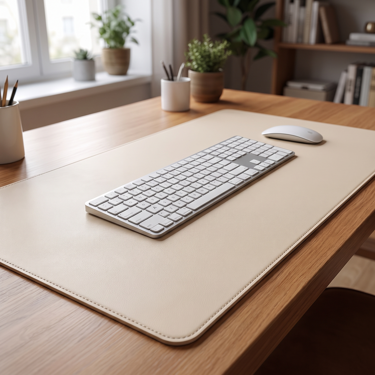 Bureaumat 120x60 cm met toetsenbord en muis op een houten bureau