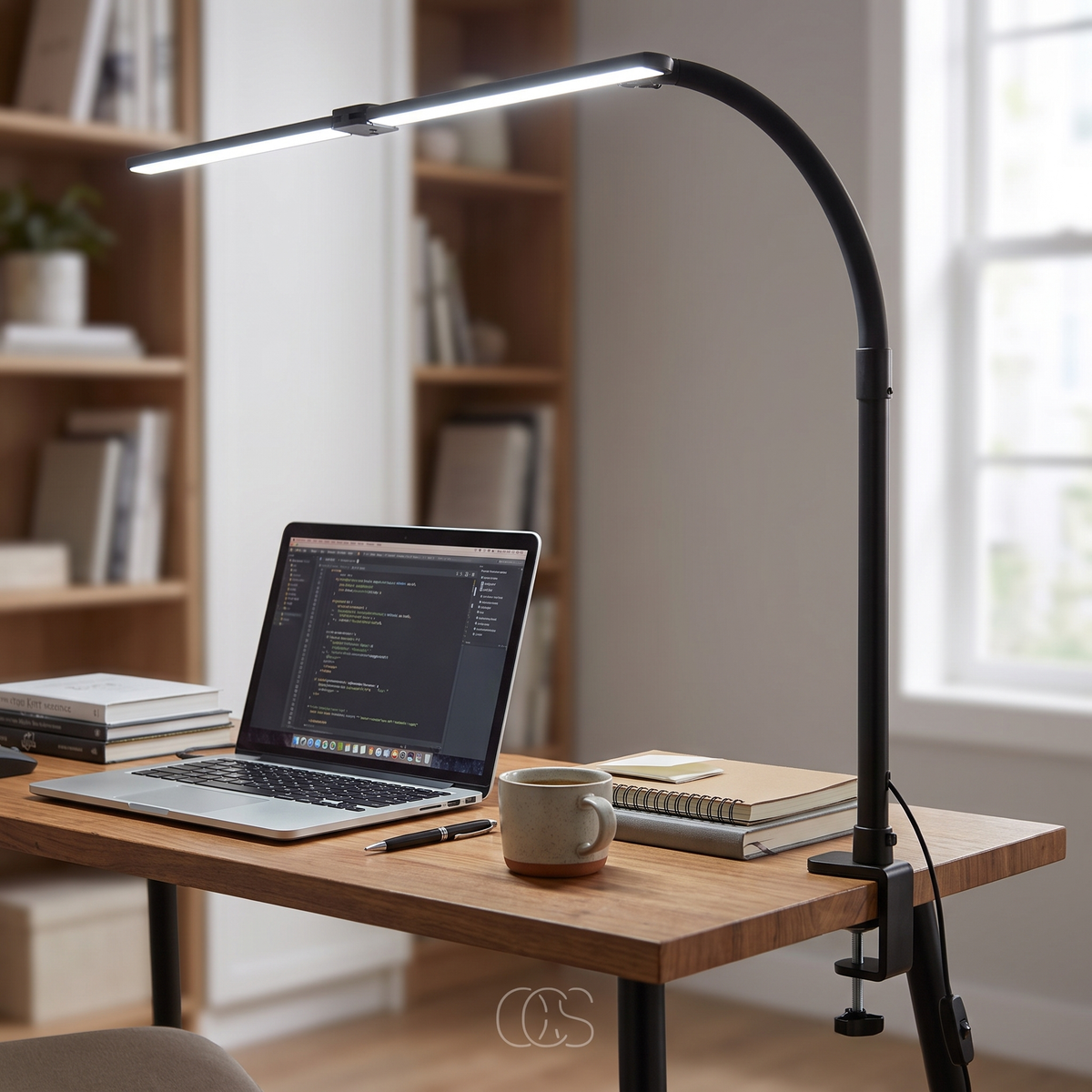 Bureaulamp met klem aan de rand van een vol bureau