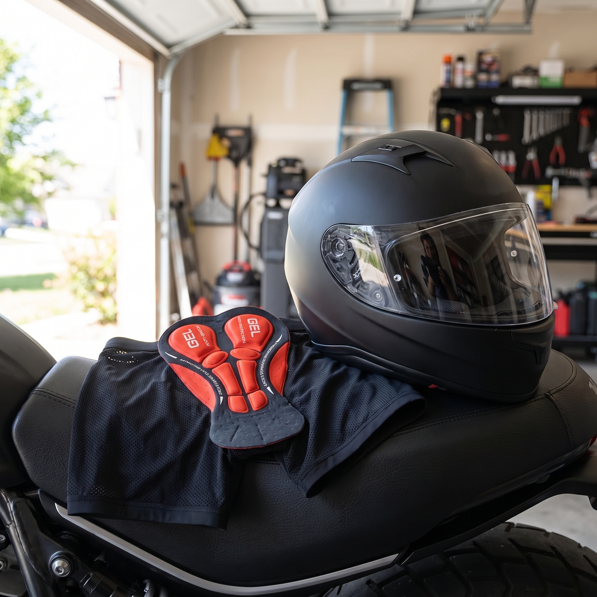 Motorbroek met gel zitkussen op een motorzadel met helm ernaast