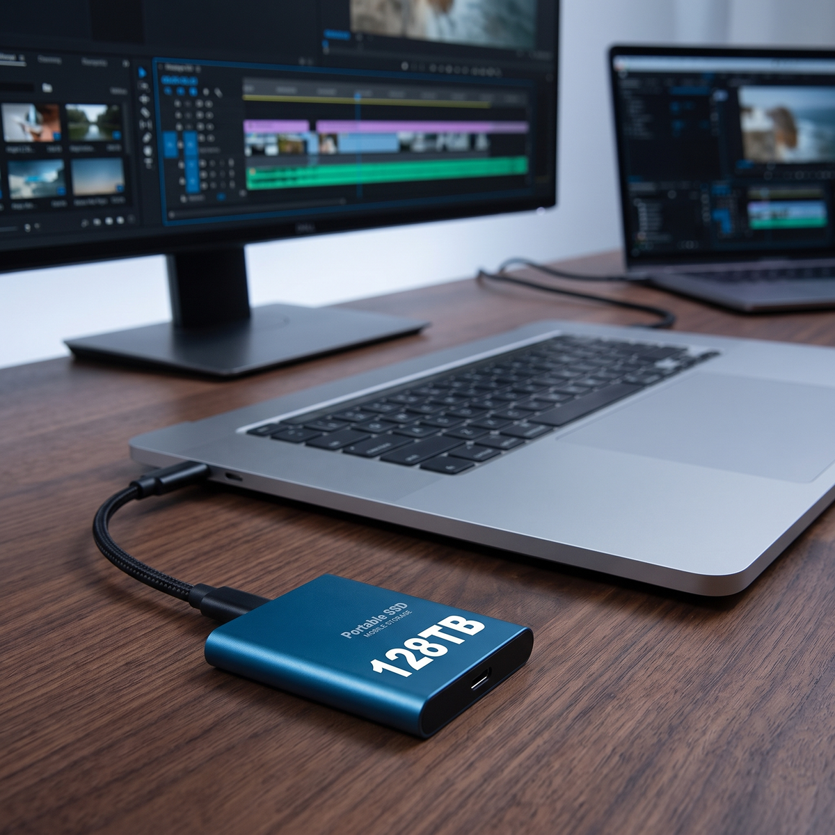 Externe SSD met USB-C aangesloten op een laptop aan een bureau