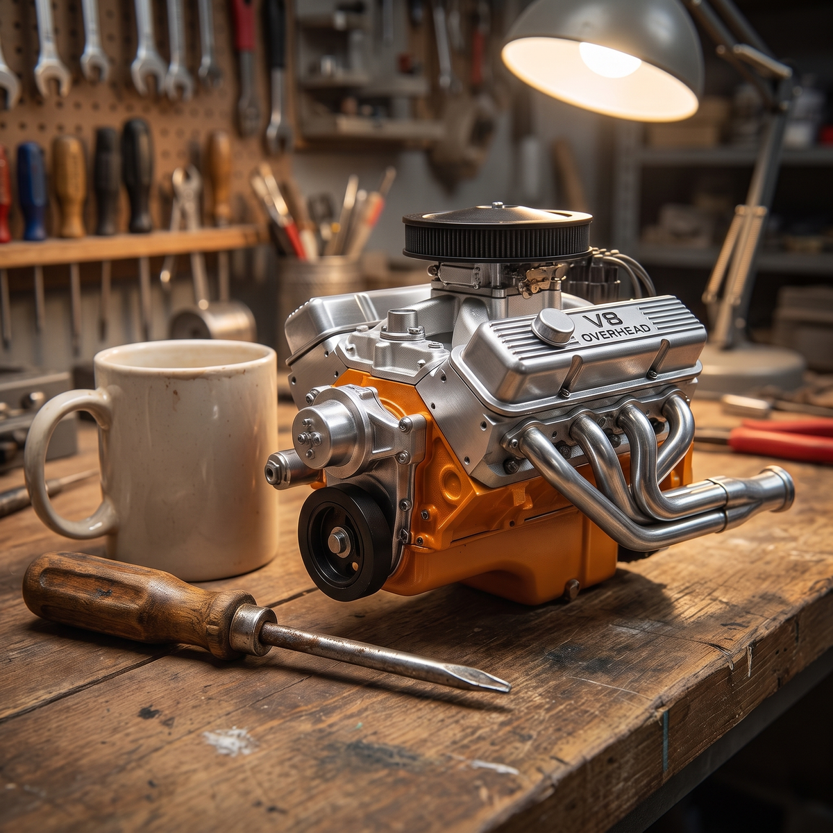 Werkende miniatuur V8 modelmotor van metaal op een werkbank