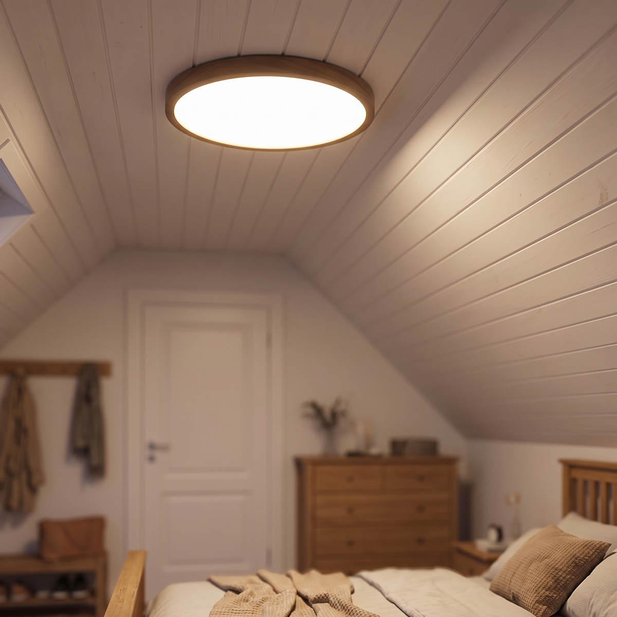 Ultravlakke ronde plafondlamp van 30 cm tegen een laag schuin plafond