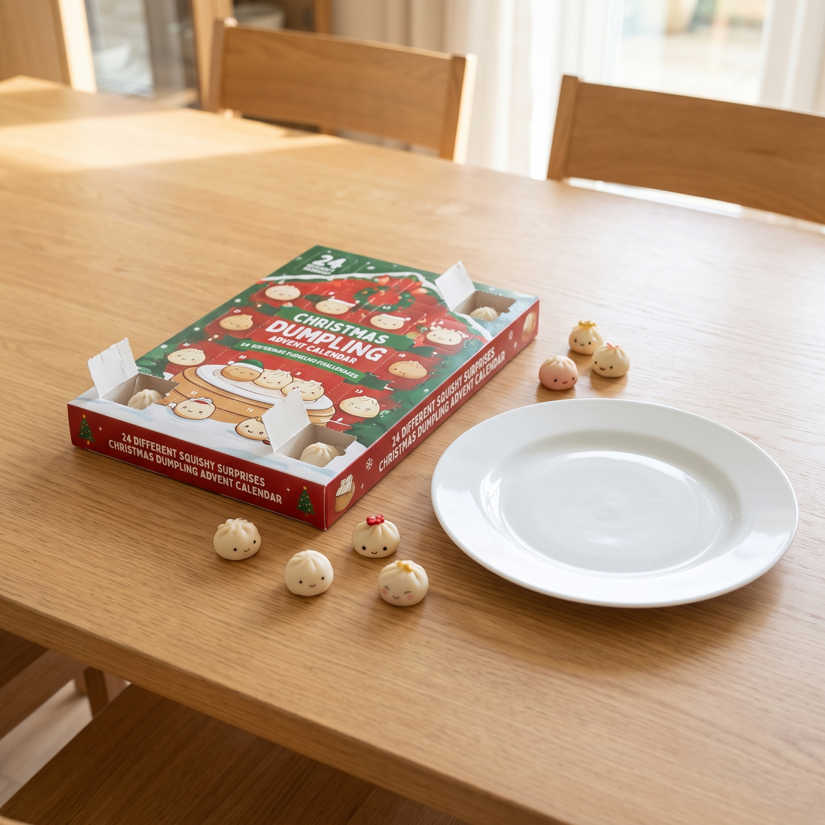 Adventskalender met squishies open op de eettafel