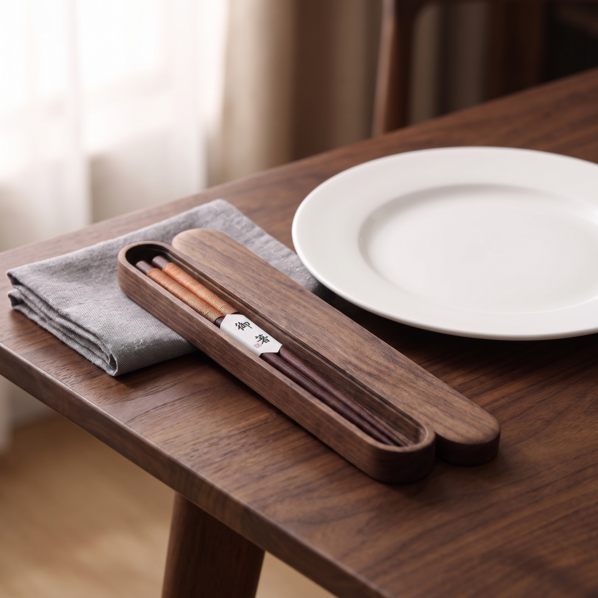 Eetstokjes in houten geschenkdoos op gedekte tafel