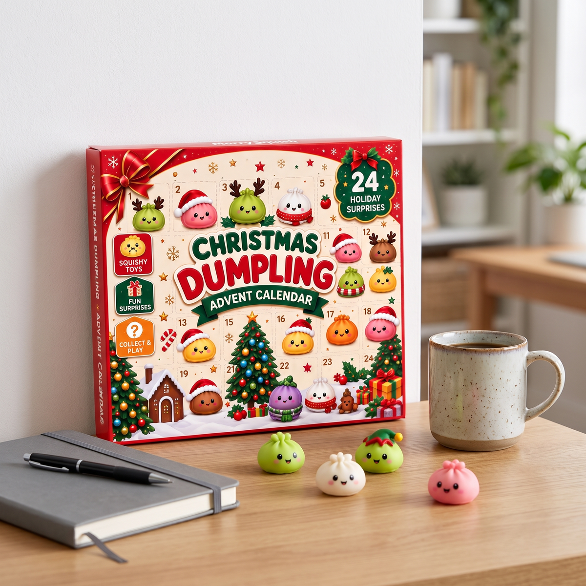 Adventskalender zonder chocolade op een bureau