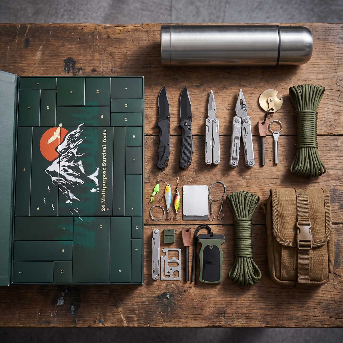 24 stuks survival gereedschap uitgelegd op een werkbank