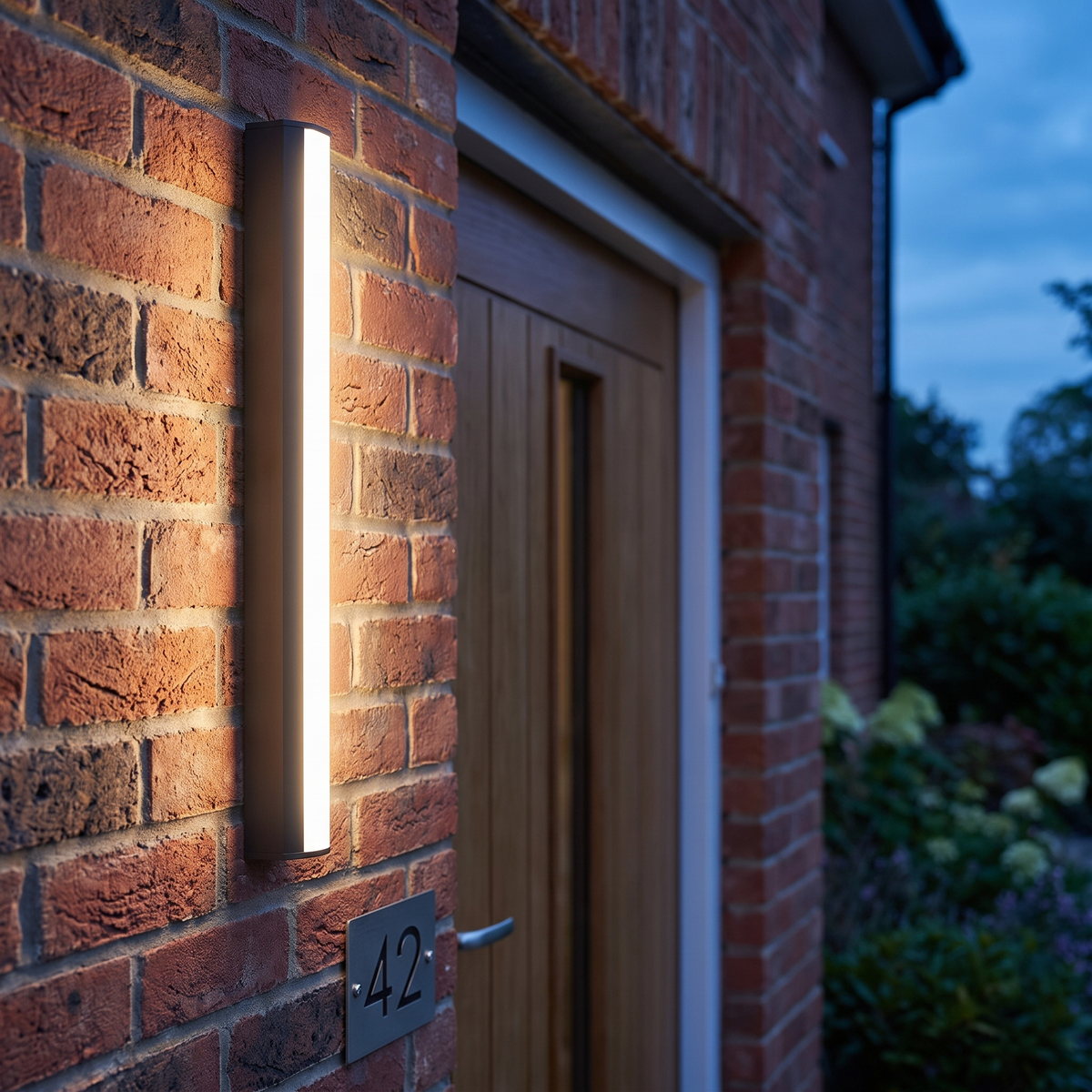 LED buitenlamp naast de voordeur in de schemering