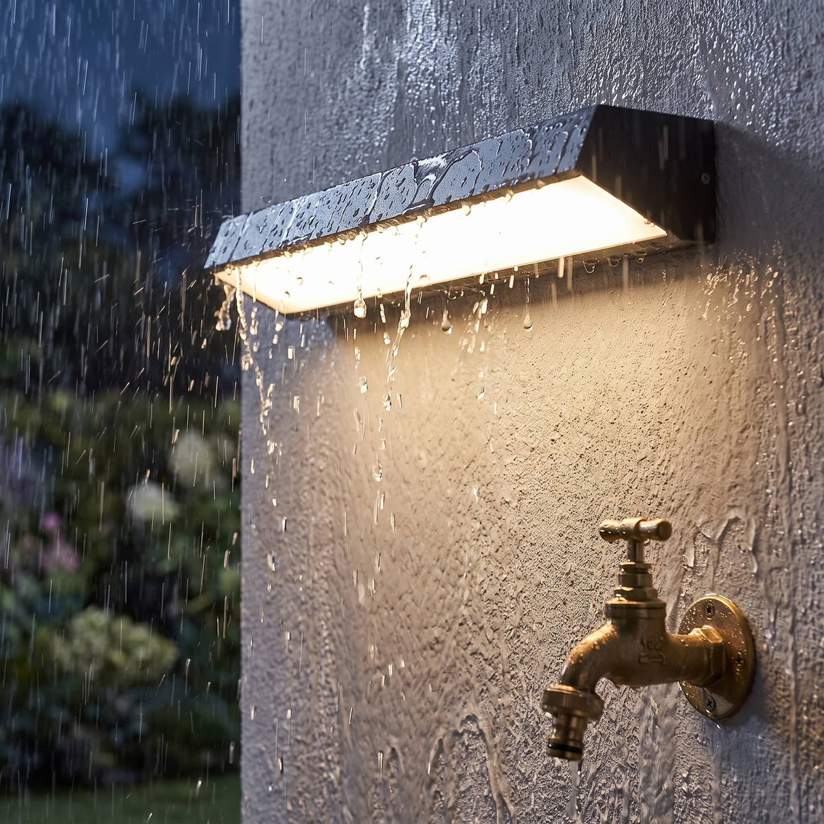 Buitenwandlamp IP65 in de regen op een tuinmuur