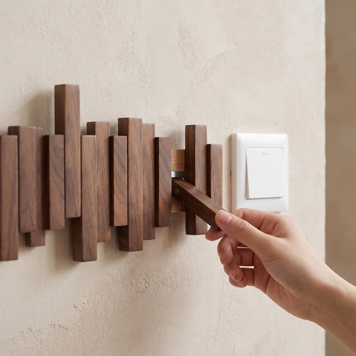 Haken plat tegen de lat geklapt op een lege wand