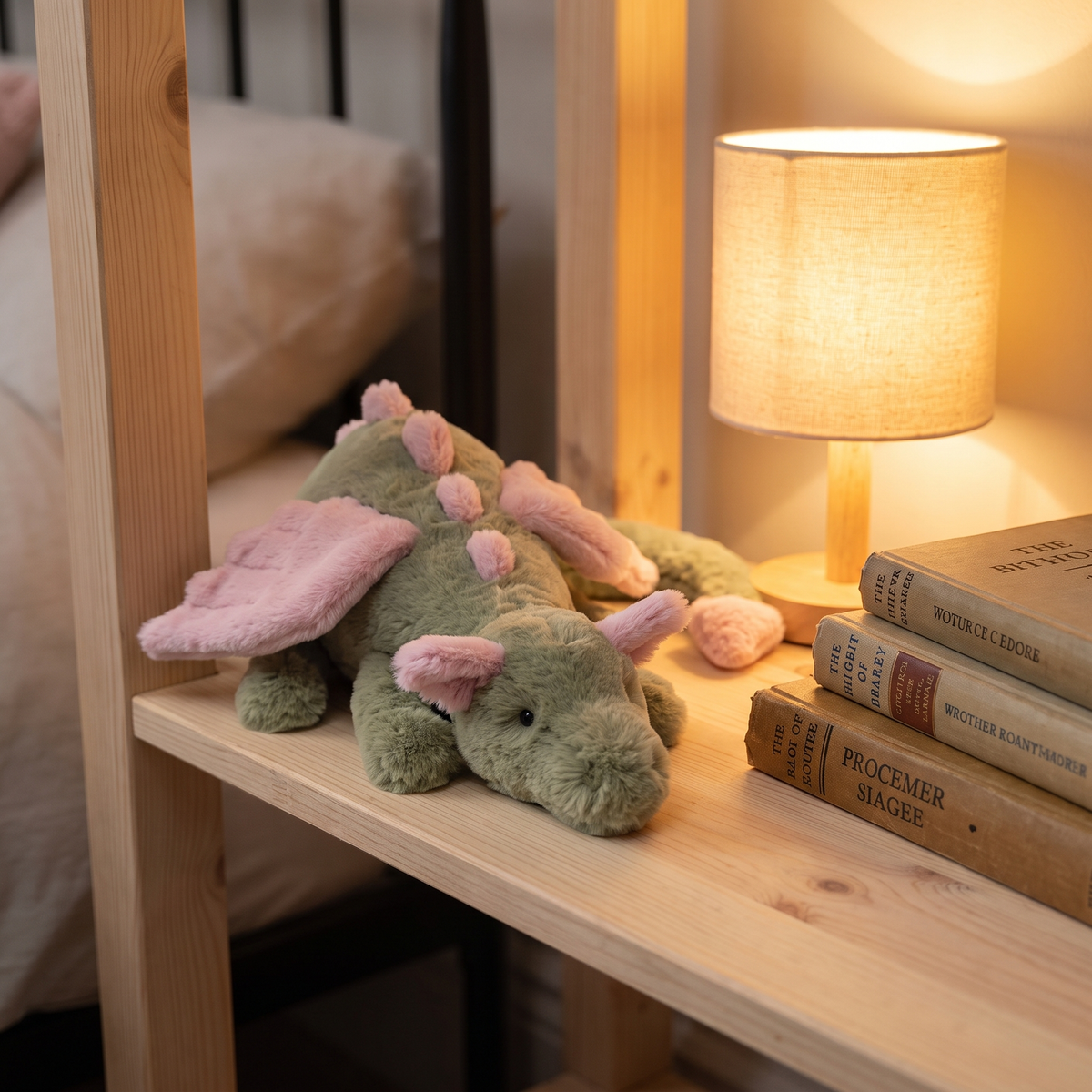 Knuffeldraak met vleugels als decoratie op een boekenschap