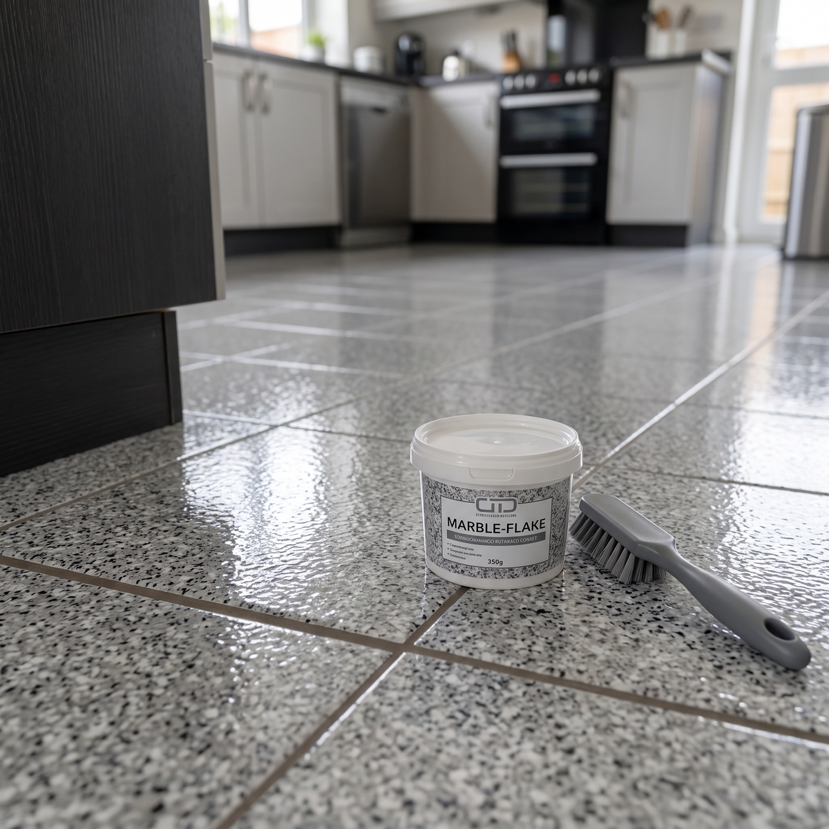 Epoxy vloercoating over keukentegels met marmereffect