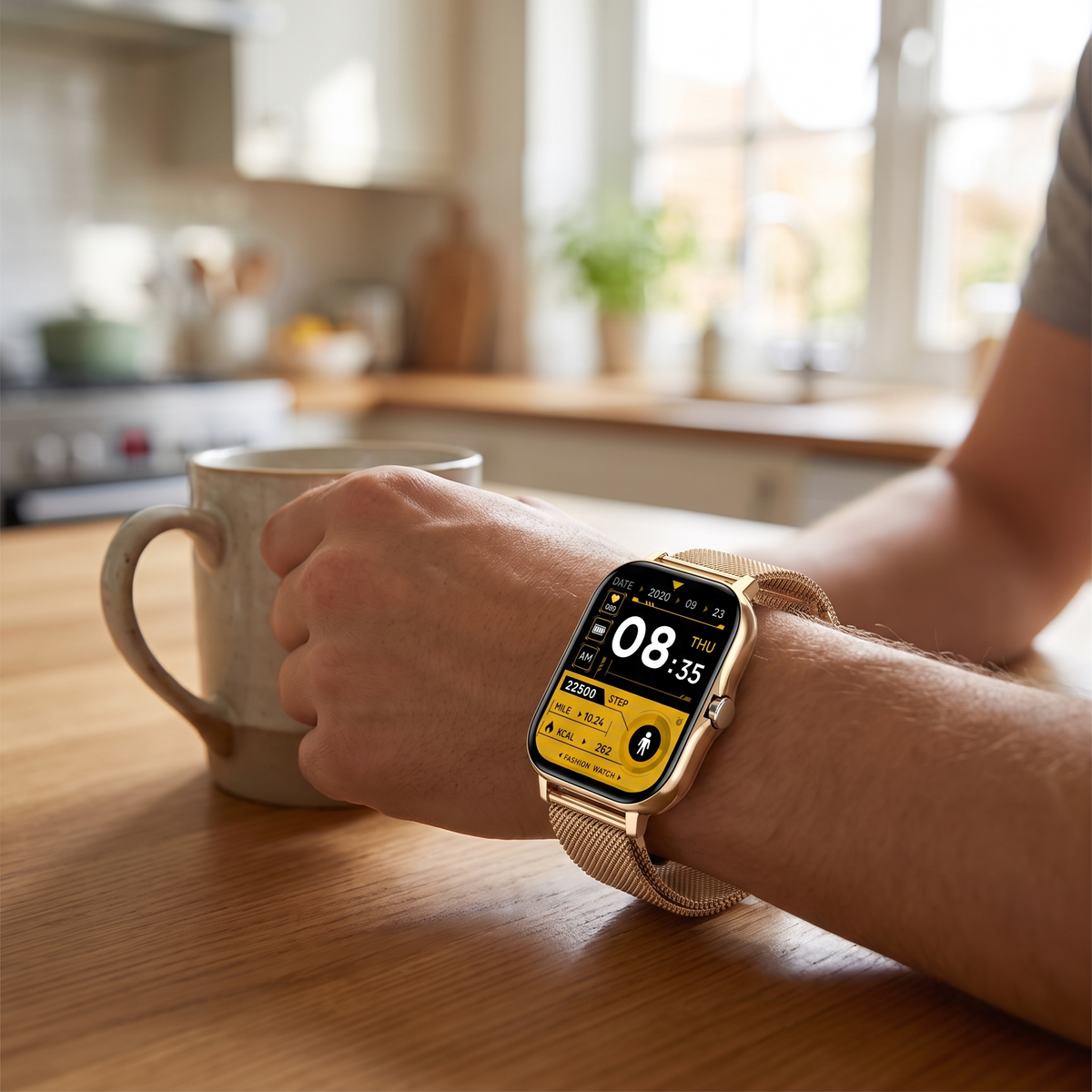 Horloge met valdetectie om de pols aan de keukentafel