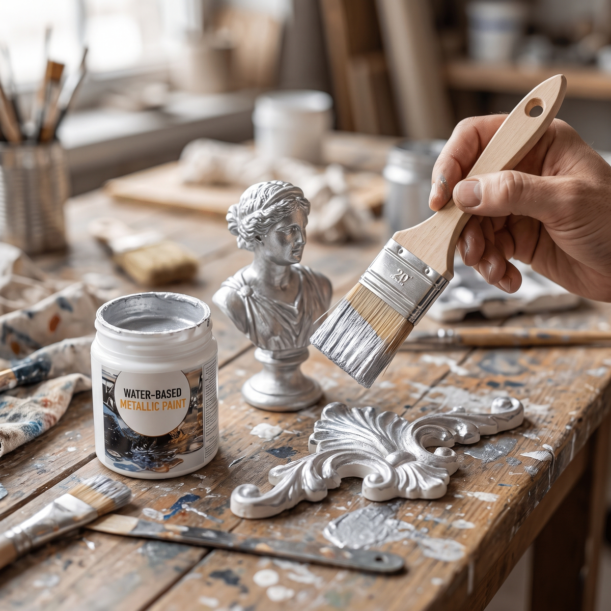 Metallic verf in zilver op een gipsbeeld