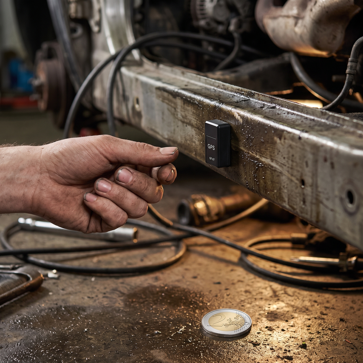 GPS tracker met magneet onder een voertuigchassis