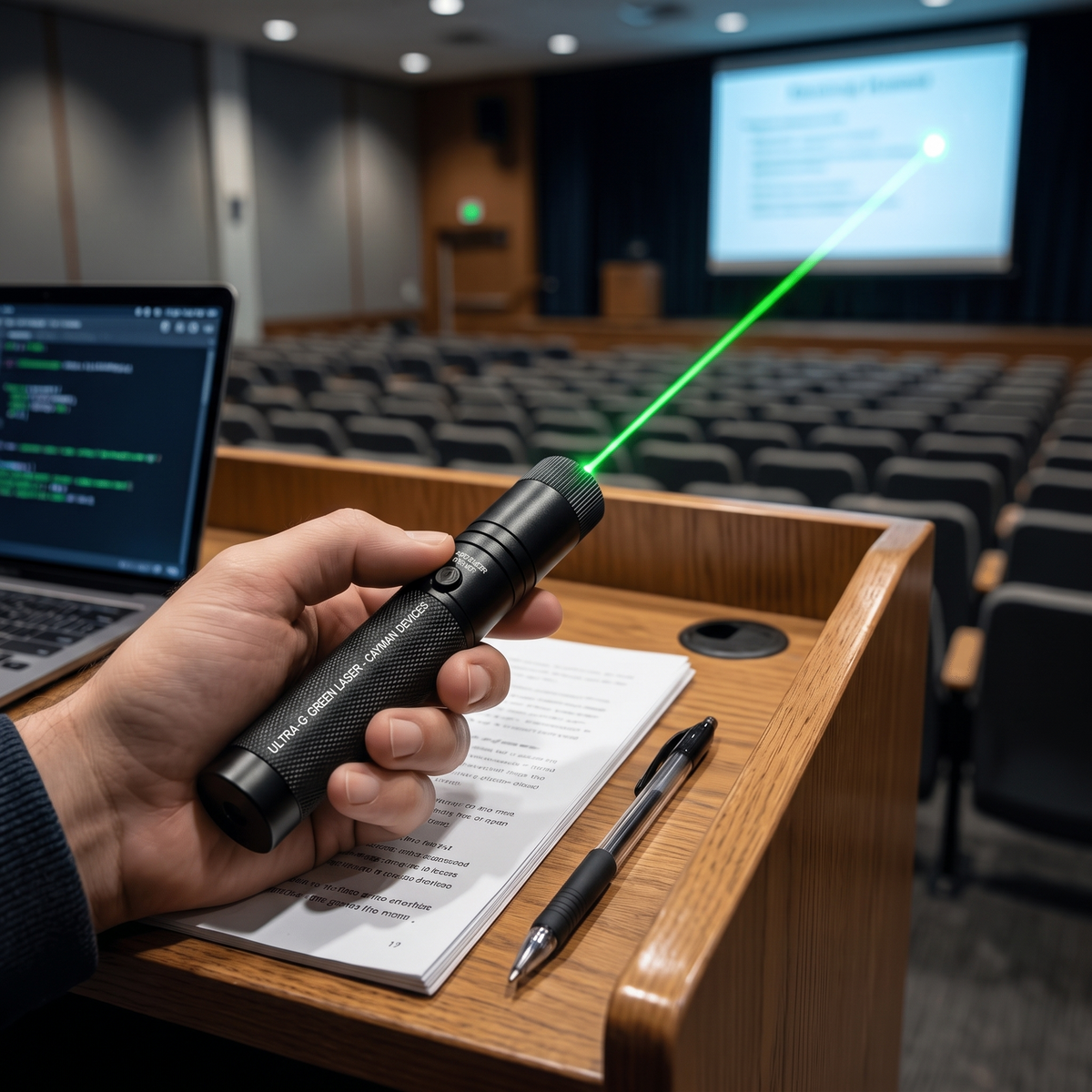 Laserpointer in de hand bij een lessenaar in een zaal