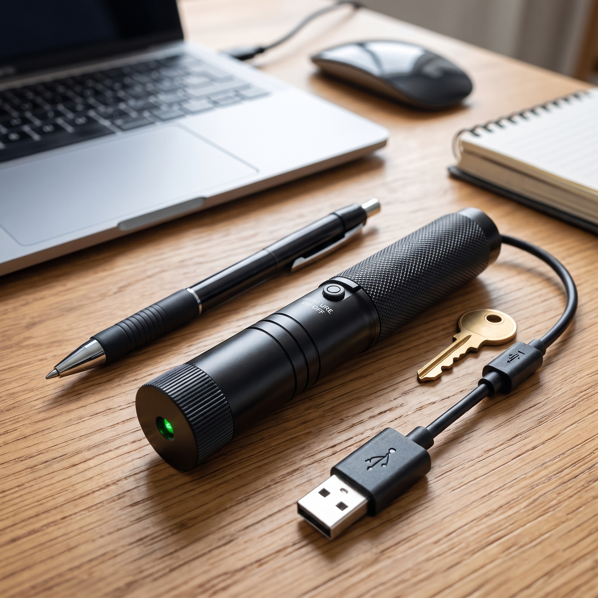 Laserpointer met USB-oplaadkabel op een bureau
