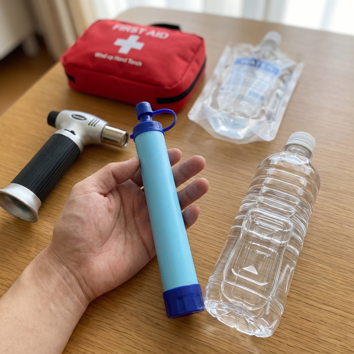 Waterfilter als onderdeel van een noodpakket op tafel