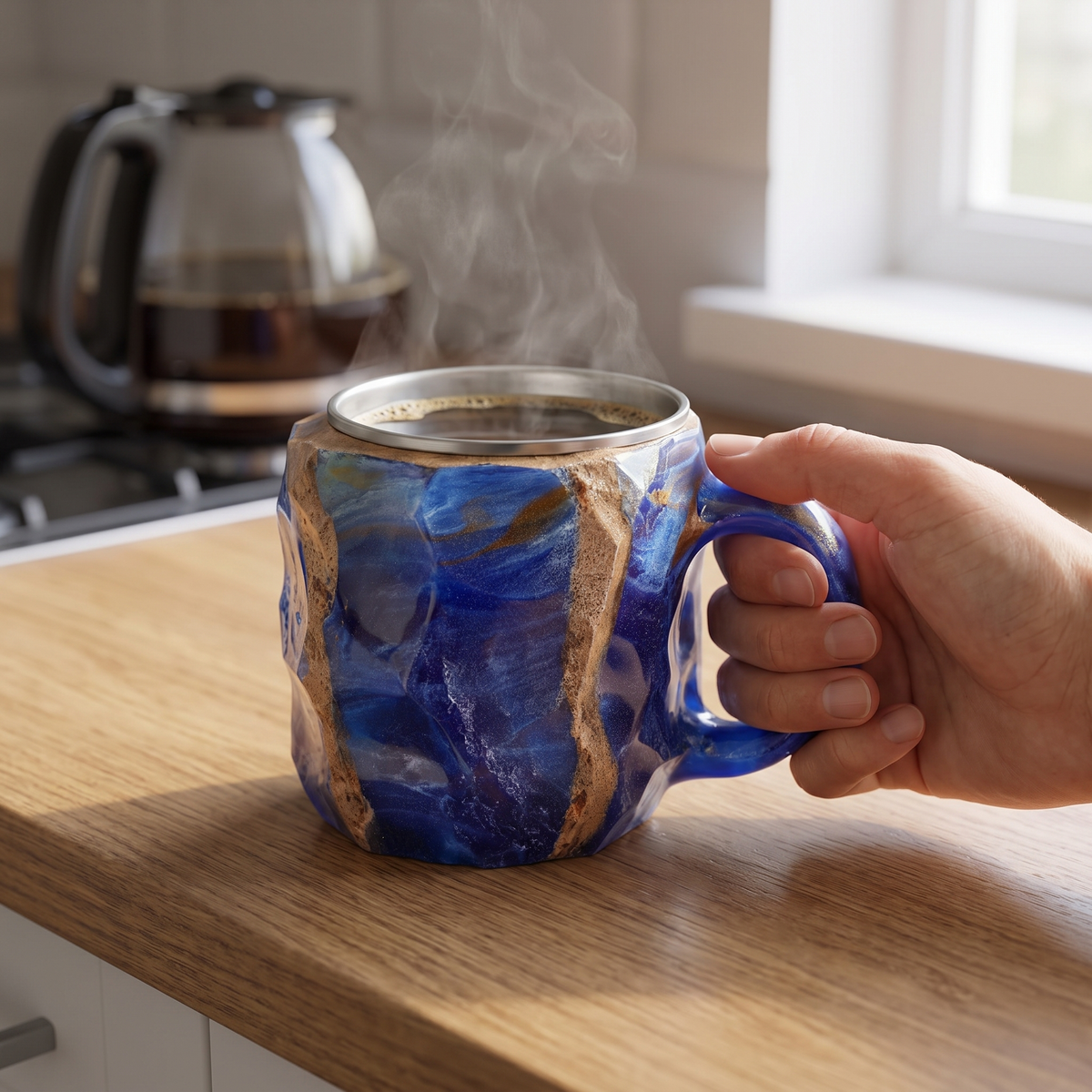 Isolerende mok met stomende koffie in de hand