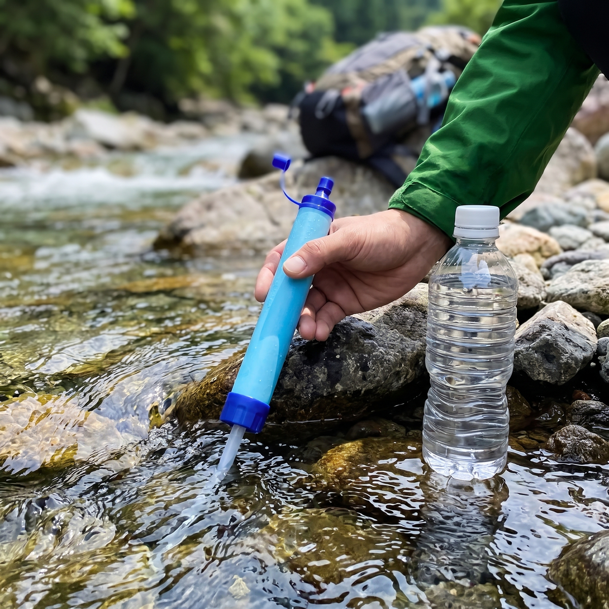 Wandelaar drinkt met het waterfilter uit een bergbeek