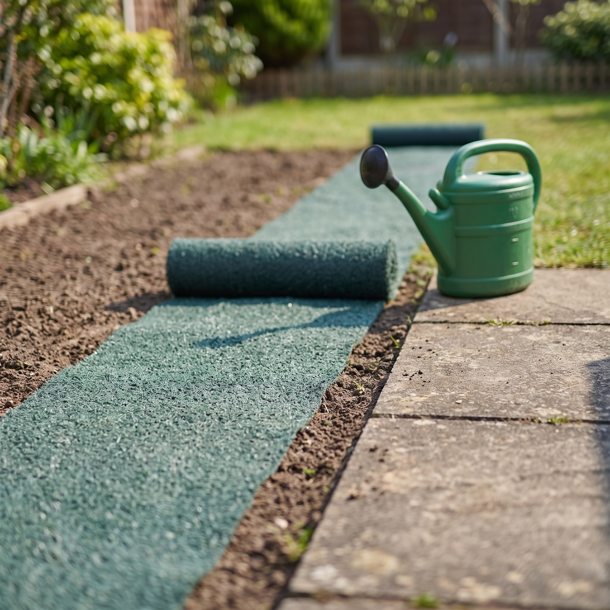 Twee grasmatten uitgerold langs een tuinpad