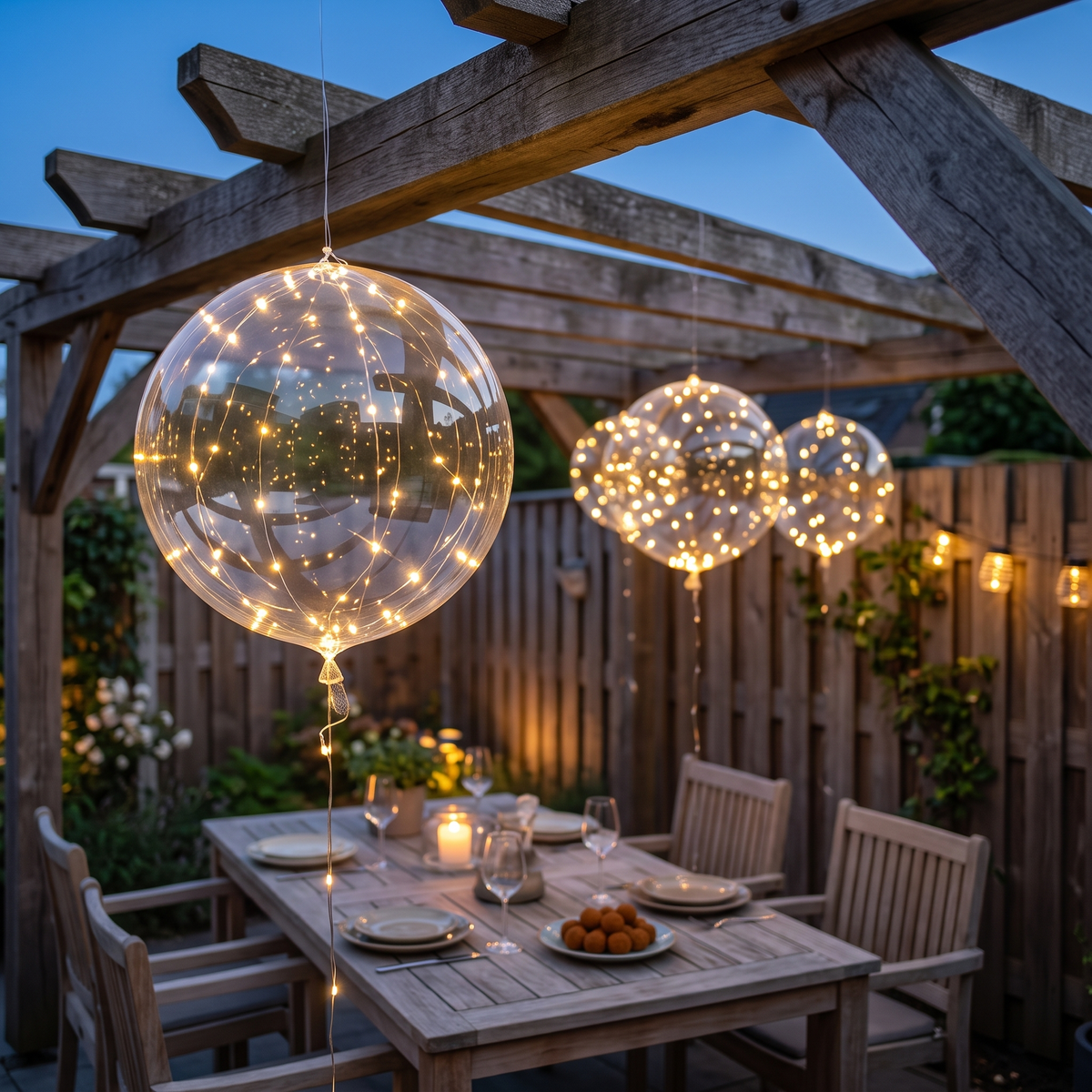 LED ballonnen van 45 cm op batterijen in een pergola bij een tuinfeest