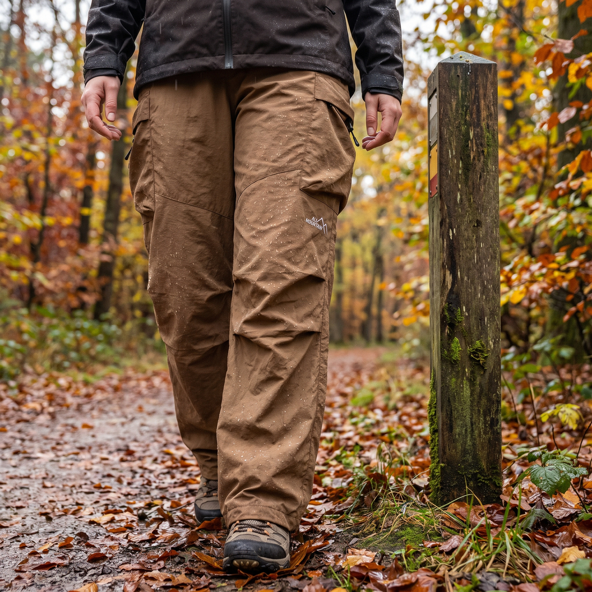 Waterdichte wandelbroek dames op een nat bospad in de herfst