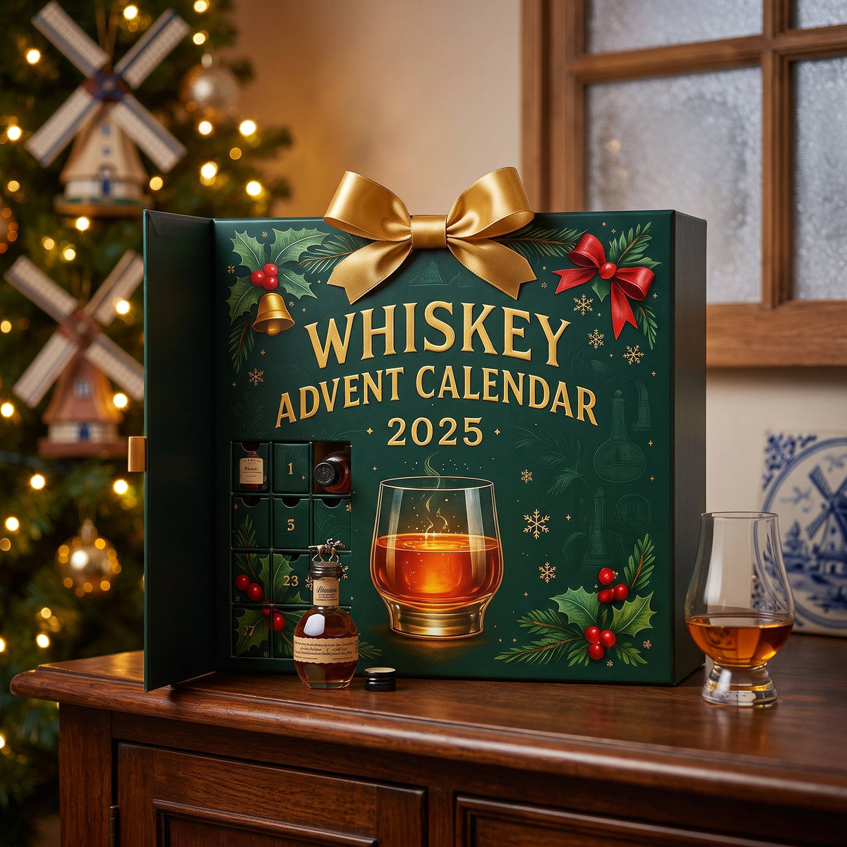 Whisky adventskalender met 24 miniatuurflesjes op een dressoir