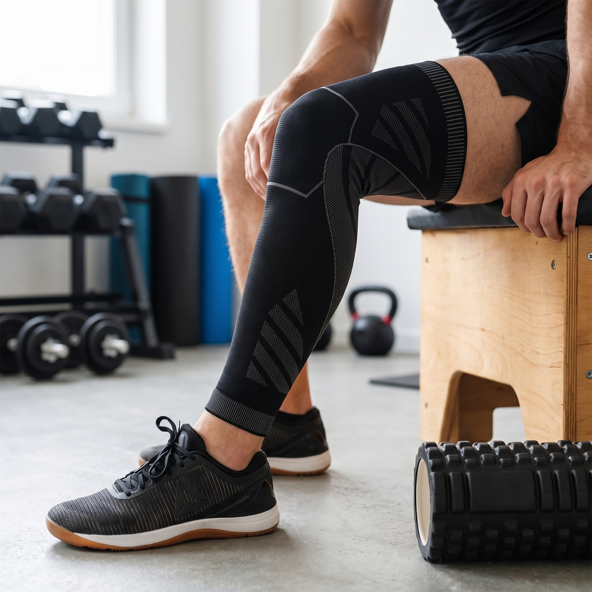 Kniebrace over het volledige been na een training in een home gym