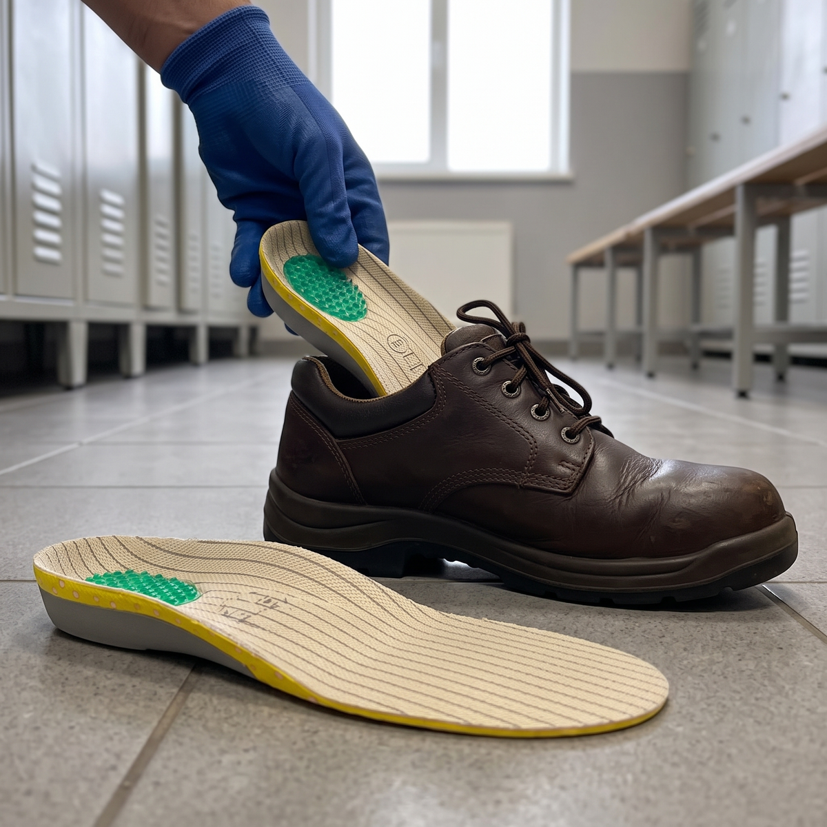 Inlegzool wordt in een leren werkschoen geschoven