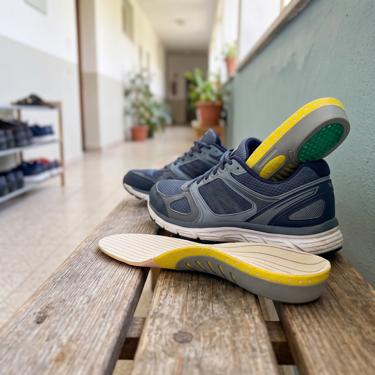 Inlegzolen naast een paar hardloopschoenen op een bankje