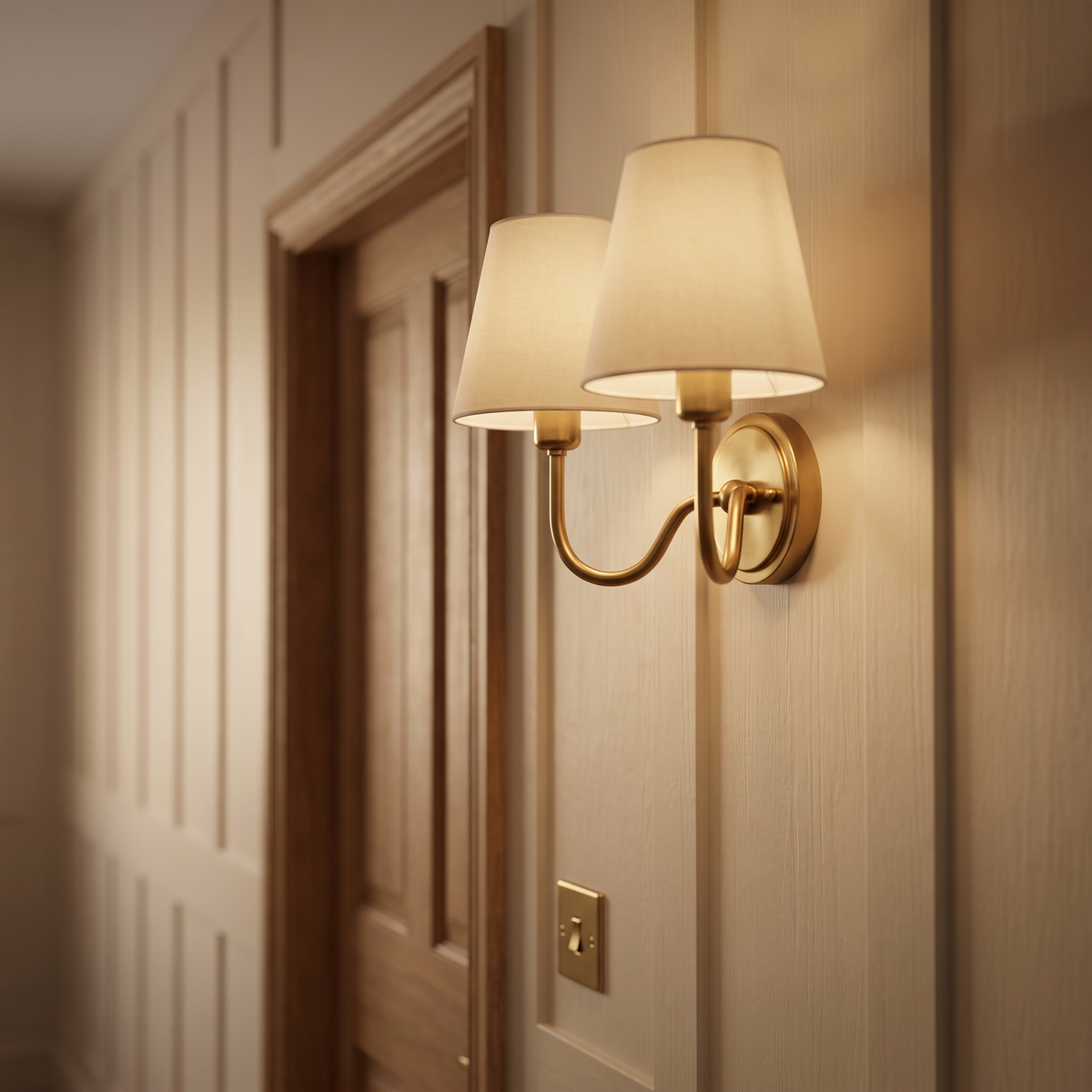 Dimbare messing wandlamp in hal naast deur