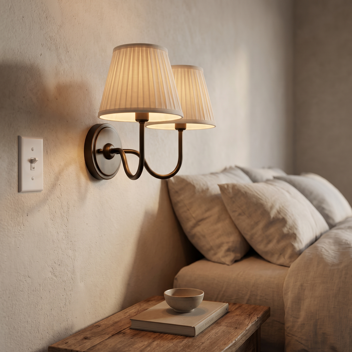 Messing wandlamp boven nachtkastje in slaapkamer