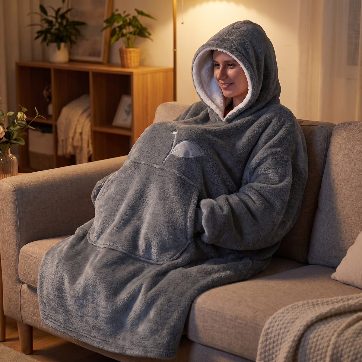 Hoodie deken gedragen op de bank tijdens tv kijken