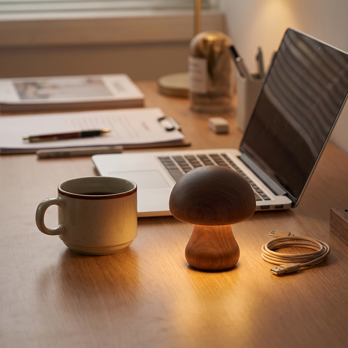 Oplaadbare houten tafellamp op bureau naast laptop