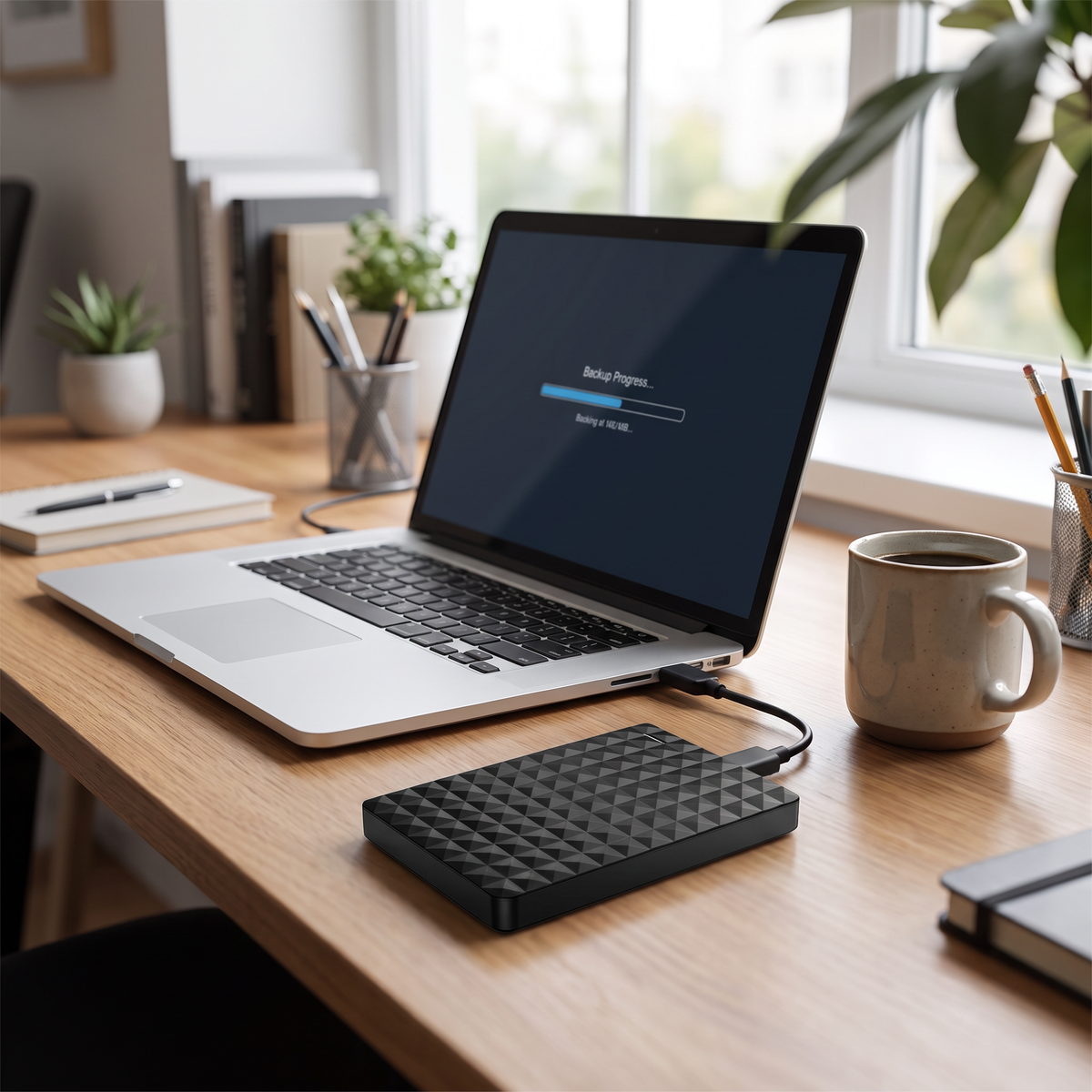 Back-up harde schijf naast laptop op bureau