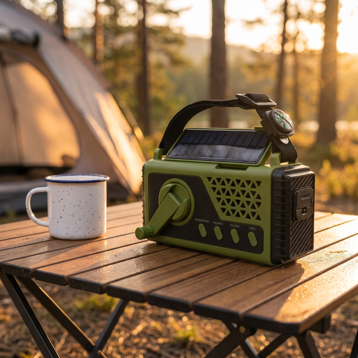 Radio op zonne-energie op campingtafel bij tent