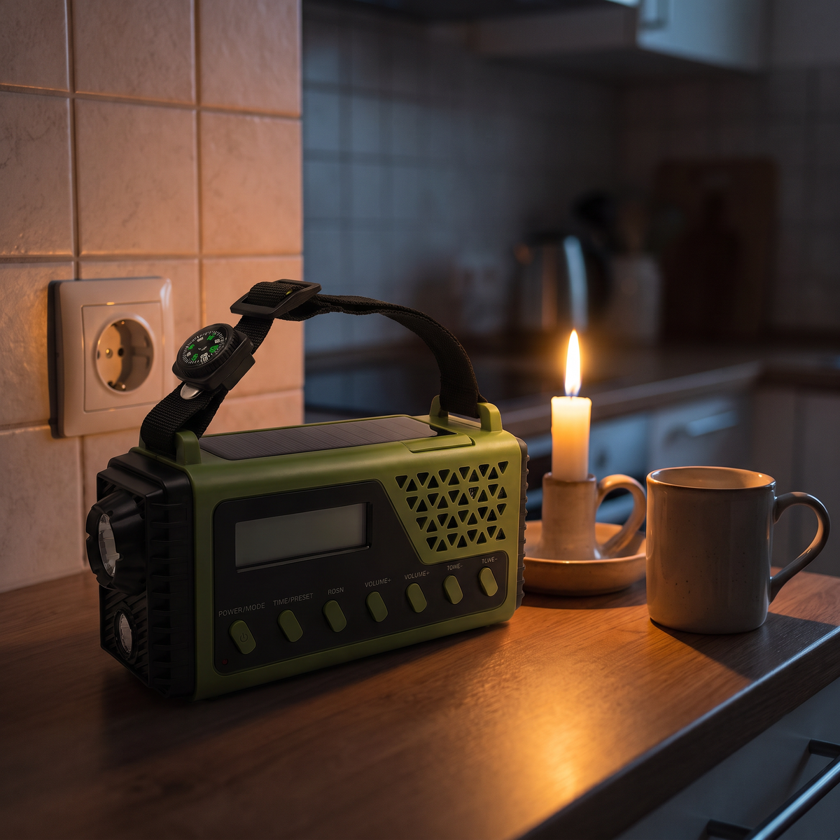 Noodradio met slingerlader op keukenblad bij stroomstoring
