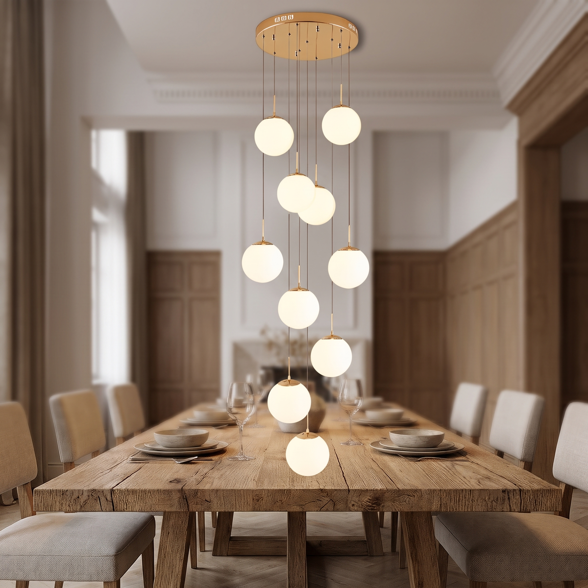 Kroonluchter 10 lichts glazen bollen boven eettafel